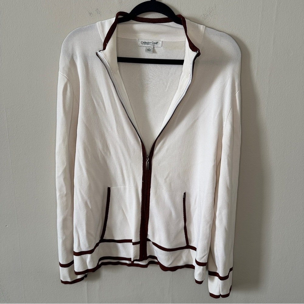 Vintage 90s Lightweight Knitted Zip Up, ivory and brown size L